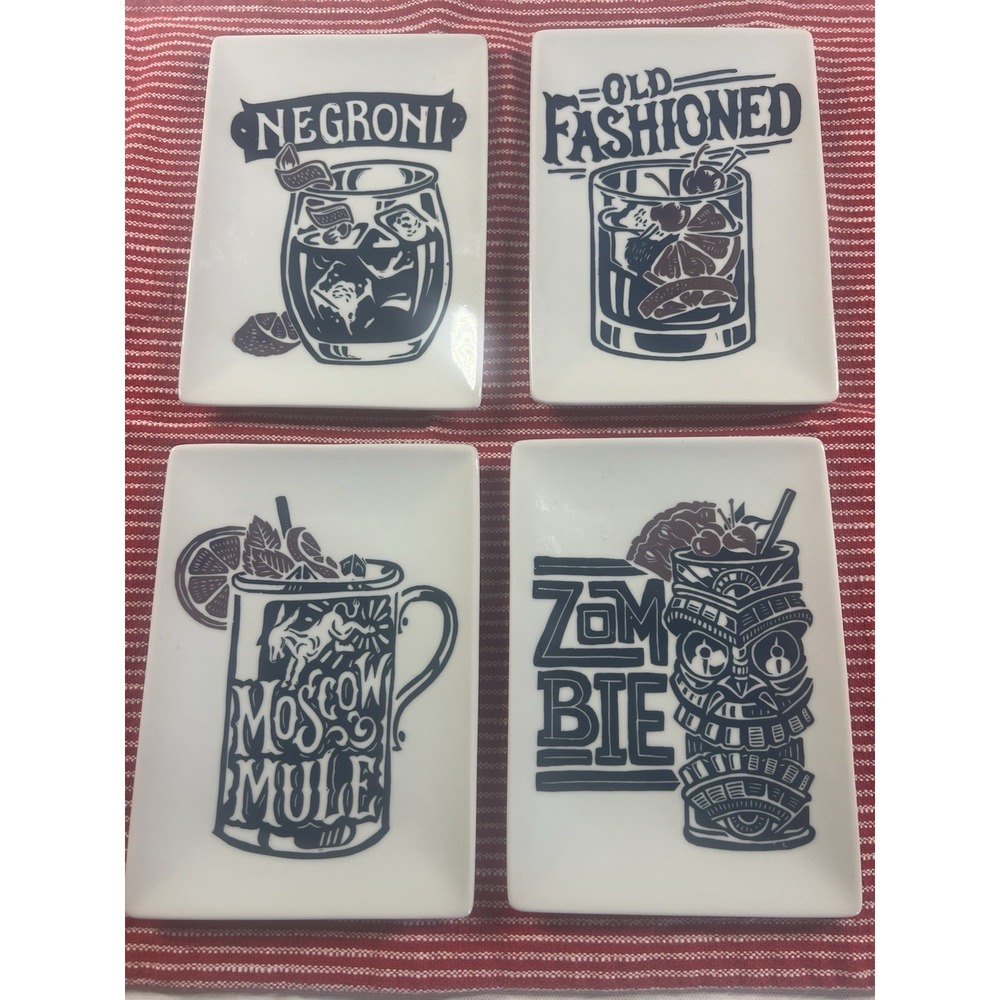 Crate & Barrel Appetizer Plates Set of 4 Tiki Zombie Old Fashion Cocktail Party